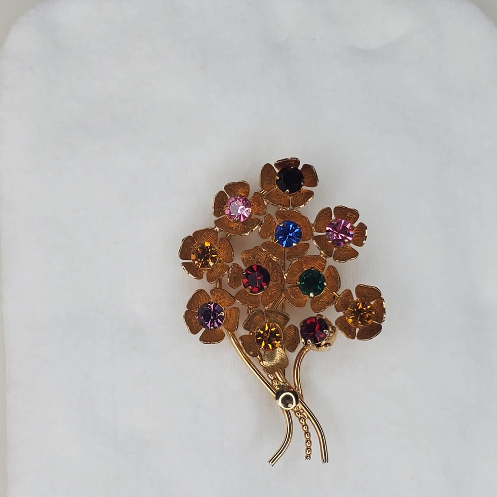 Vintage 12k Gold Fill Colorful Rhinestone Floral Bouquet Brooch - Picture 8 of 11
